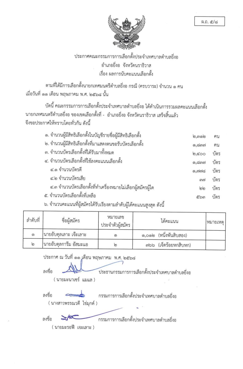 แจ้งผลการนับคะแนนสมาชิกสภาเทศบาลและนายกเทศมนตรีตำบลยี่งอ